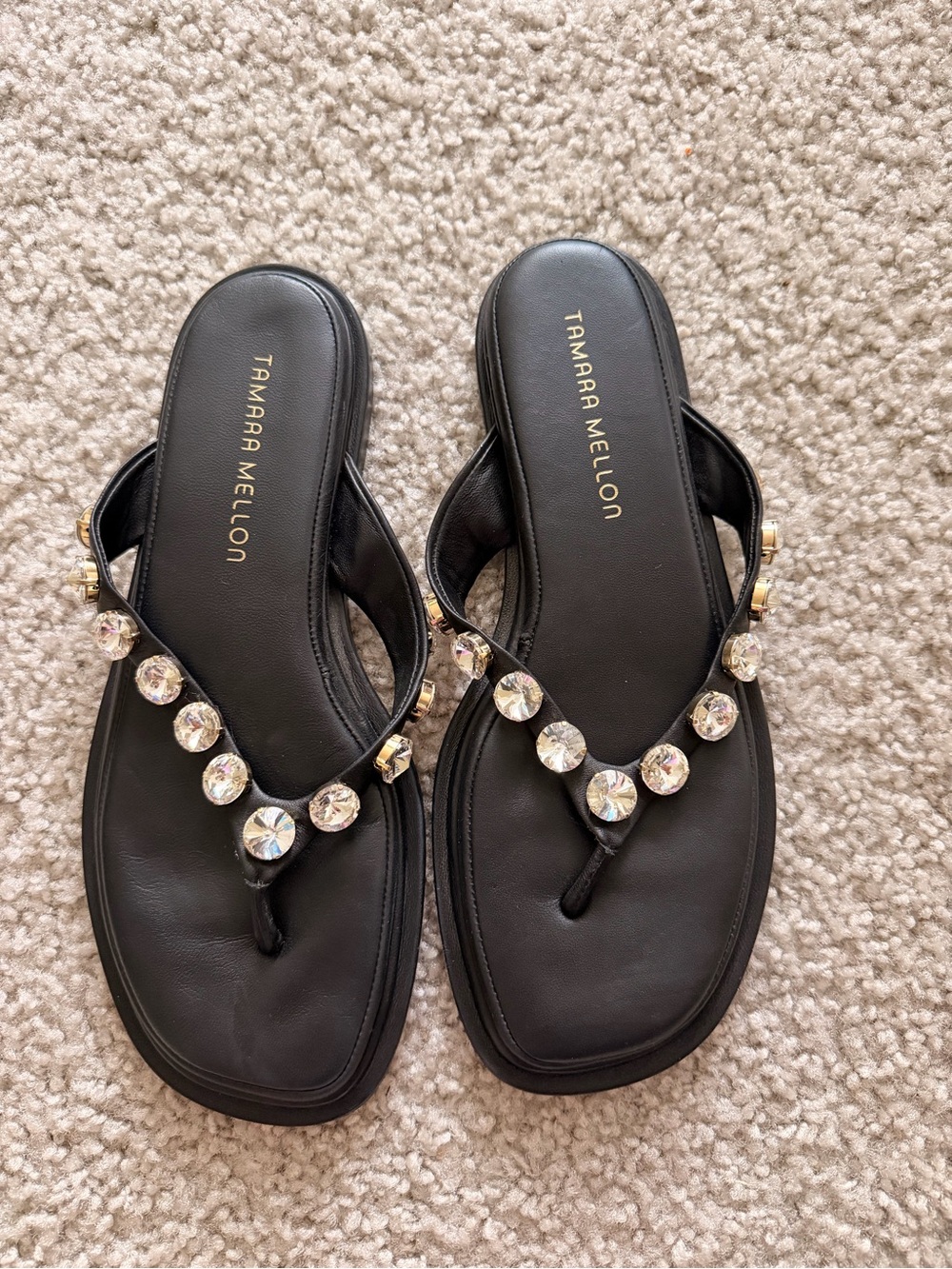 Tamara Mellon Black Crystal-Trim Thong Sandals